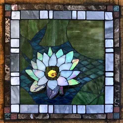 Open Lily; 8" x 8"; stained glass, marble; kitchen wall inset, private home